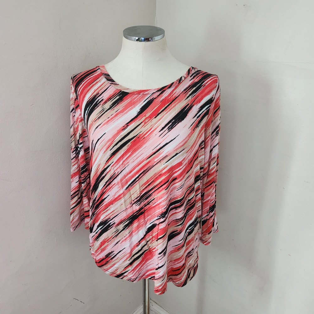 High Fifth Womens Large Pink Coral Black Abstract Brushstroke 3/4 Sleeve‎ Top